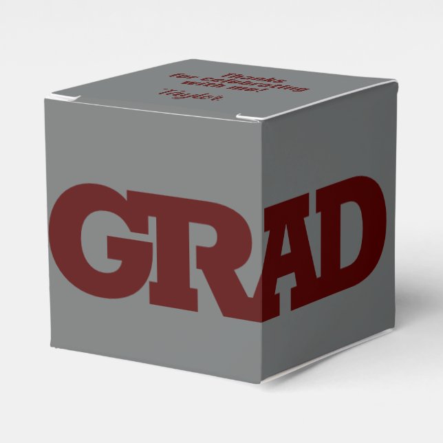 Bold GRAD Dark Maroon on Grey Graduation Party Favor Box (Front Side)