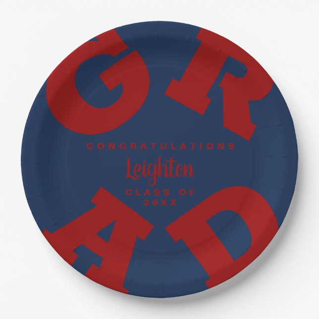Bold GRAD Dark Red on Blue Graduation Custom Paper Plate (Front)