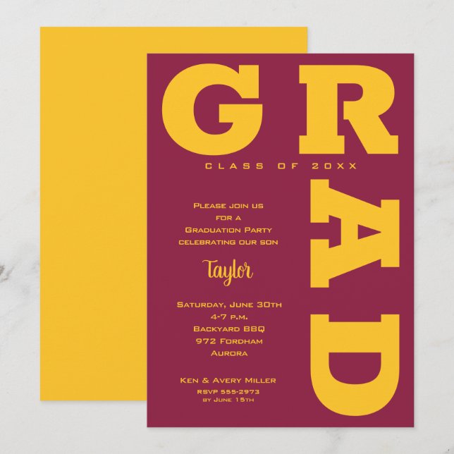 Bold GRAD Gold and Maroon Graduation Invitation (Front/Back)