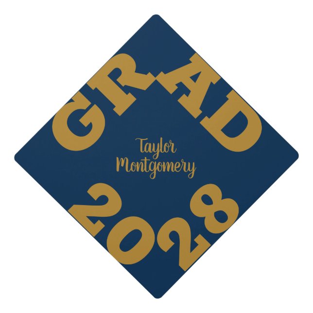 Bold GRAD Gold on Navy Blue Graduation Cap Topper (Front)