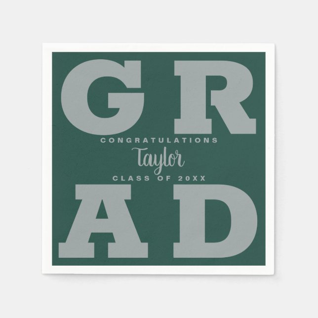 Bold GRAD | Grey on Dark Green Graduation Napkins (Front)