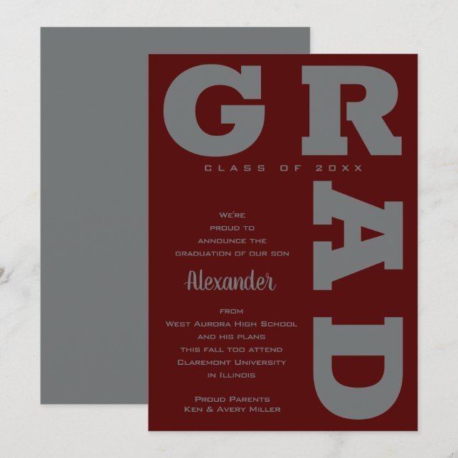 Bold GRAD Grey on Dark Maroon Graduation  Announcement (Front/Back)