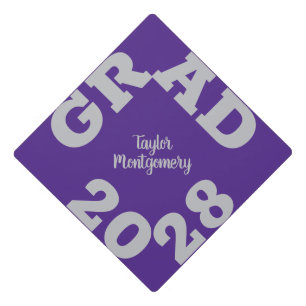 Bold GRAD Grey on Purple Graduation Cap Topper