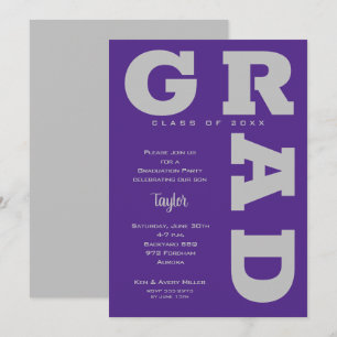 Bold GRAD Grey on Purple Graduation Invitation