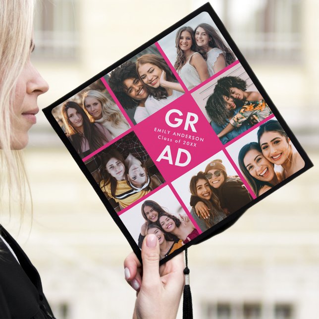 Bold Grad Hot Pink 8 Photo Collage Graduation Cap Topper (Creator Uploaded)