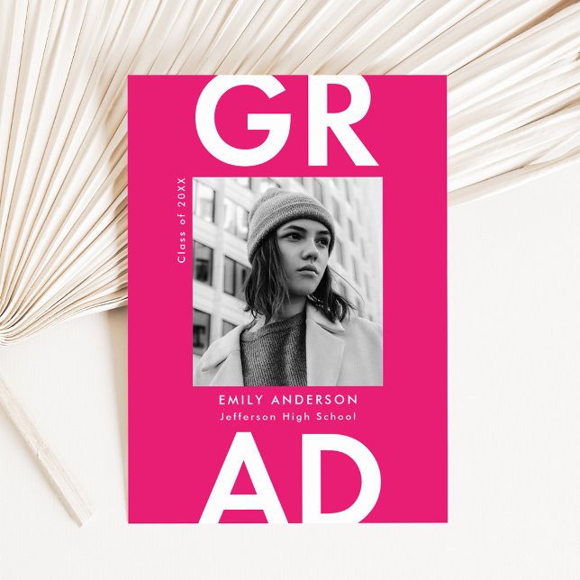 Bold Grad Hot Pink Photo Graduation Announcement (Creator Uploaded)