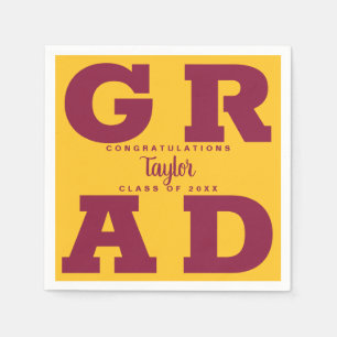 Bold GRAD Maroon on Gold Graduation Napkins