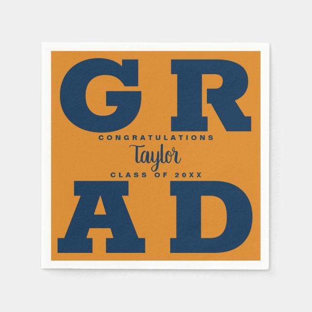 Bold GRAD | Navy on Orange Graduation Paper Napkin (Front)