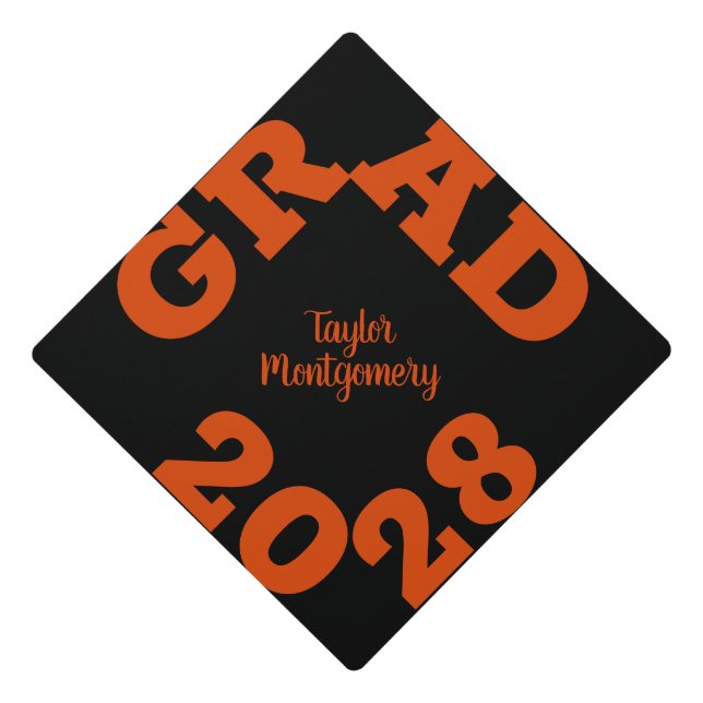 Bold GRAD Orange on Black  Graduation Cap Topper (Front)