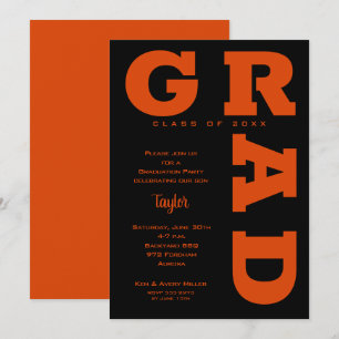 Bold GRAD Orange on Black Graduation Invitation