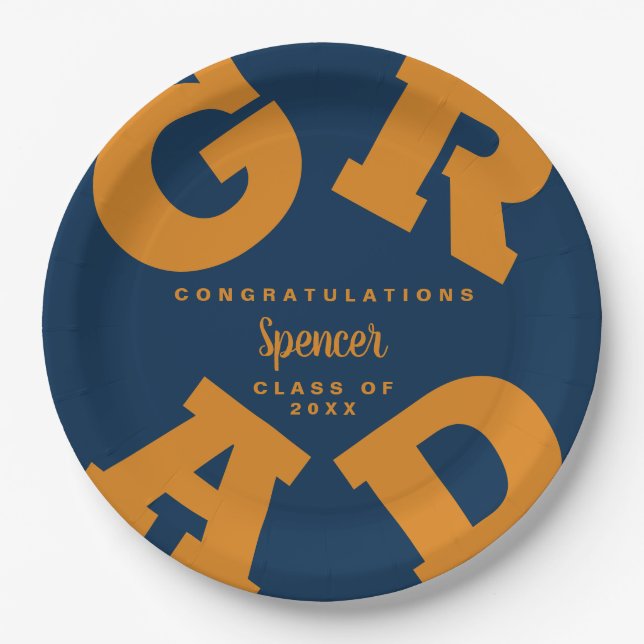 Bold GRAD | Orange on Navy Graduation Paper Plates (Front)