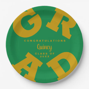Bold GRAD Personalized Gold on Green Graduation Paper Plate