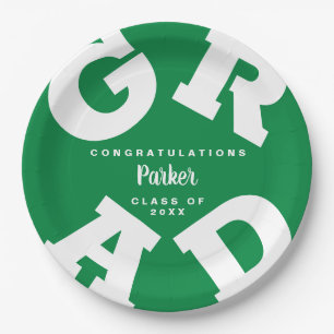 Bold GRAD Personalized White on Green Graduation Paper Plate