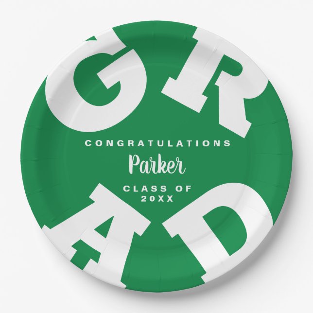 Bold GRAD Personalized White on Green Graduation Paper Plate (Front)