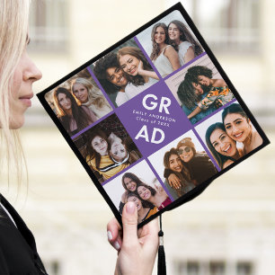 Bold Grad Purple 8 Photo Collage Graduation Cap Topper