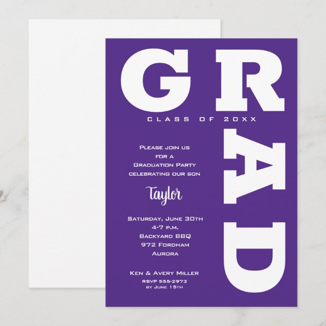 Bold GRAD Purple and White Graduation Invitation (Front/Back)