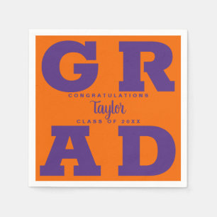 Bold GRAD   Purple on Orange Graduation Party Napkin