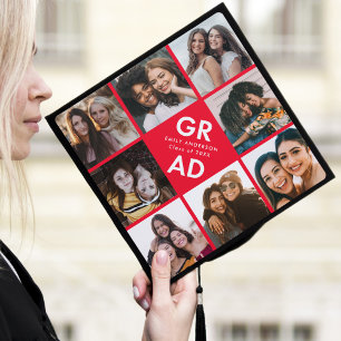 Bold Grad Red 8 Photo Collage Graduation Cap Topper