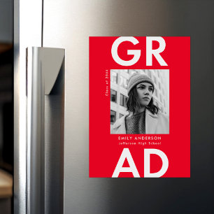 Bold Grad Red Photo Graduation Magnetic Invitation
