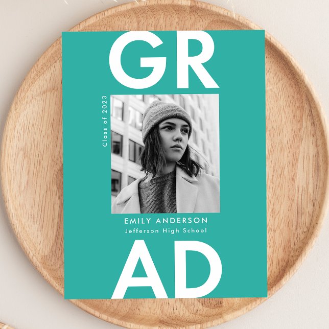 Bold Grad Turquoise Photo Graduation Party Invitation Postcard (Creator Uploaded)