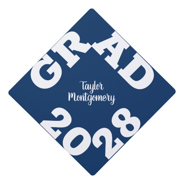 Bold GRAD White and Blue  Graduation Cap Topper (Front)