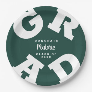 Bold GRAD   White on Dark Green Graduation Plates