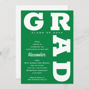 Bold GRAD White on Green Graduation  Announcement