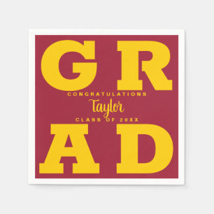 Bold GRAD Yellow Gold on Crimson Red Graduation Napkin