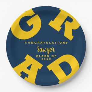 Bold GRAD Yellow on Blue Graduation Paper Plate