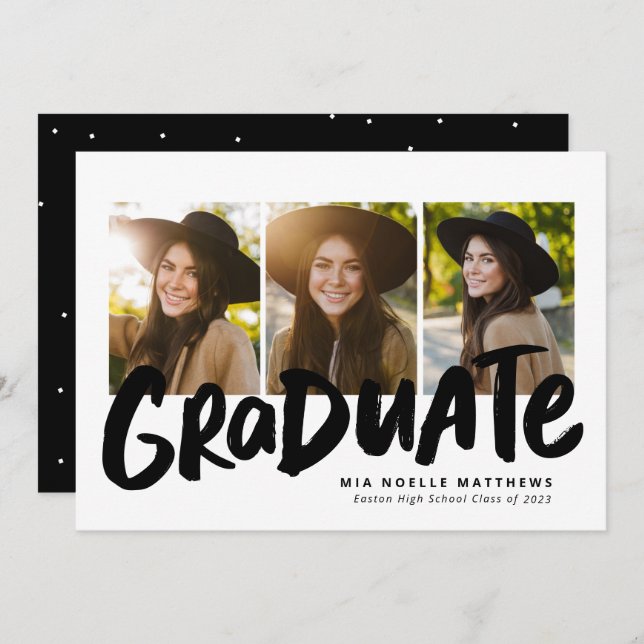 Bold graduate black white three photo graduation announcement (Front/Back)