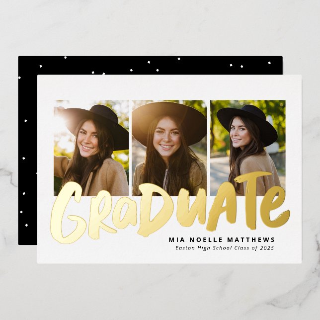 Bold graduate modern gold 3 photo graduation (Front/Back)