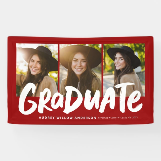 Bold graduate modern three photo red graduation ba banner (Horizontal)