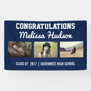 Bold Graduation Congratulations Three Photo Blue Banner