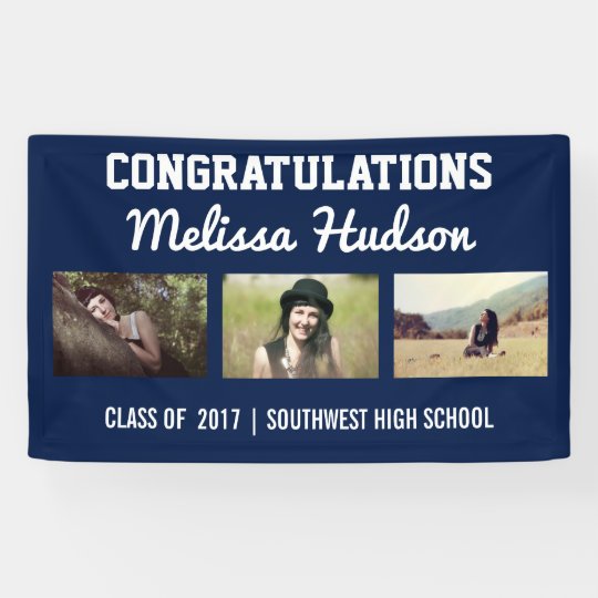 Bold Graduation Congratulations Three Photo Blue Banner