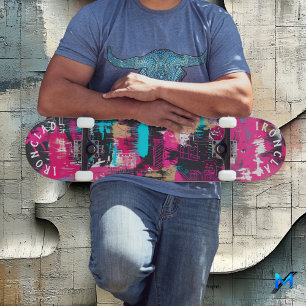 Bold Graffiti-Inspired with Neon Pink Abstract Art Skateboard