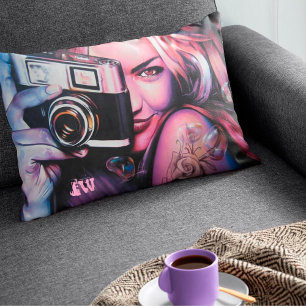 Bold Grafitti Woman with Camera Monogram Accent Pillow