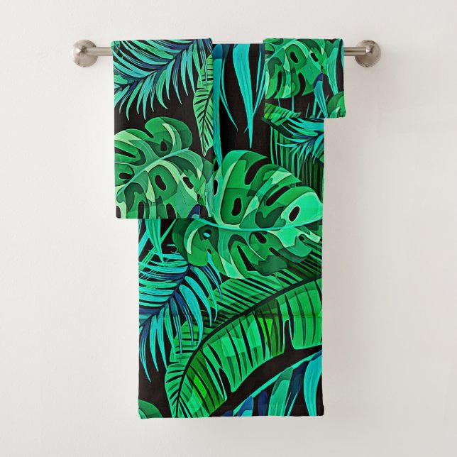Bold Graphic Blue & Green Tropical Foliage Bath Towel Set (Insitu)
