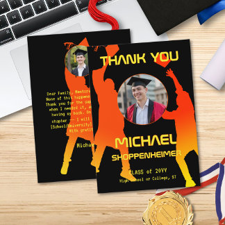 Bold Graphic Orange Black Graduation Photo Thank You Card