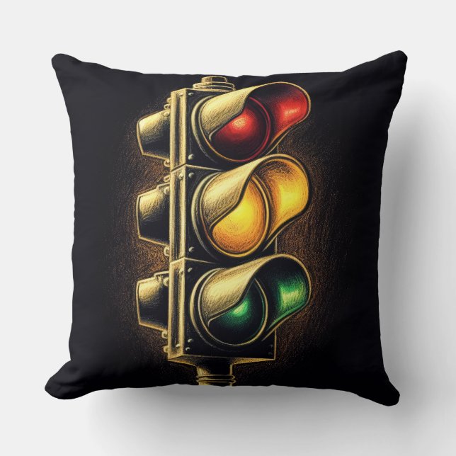 Bold Graphic Stoplight on Black Throw Pillow (Front)