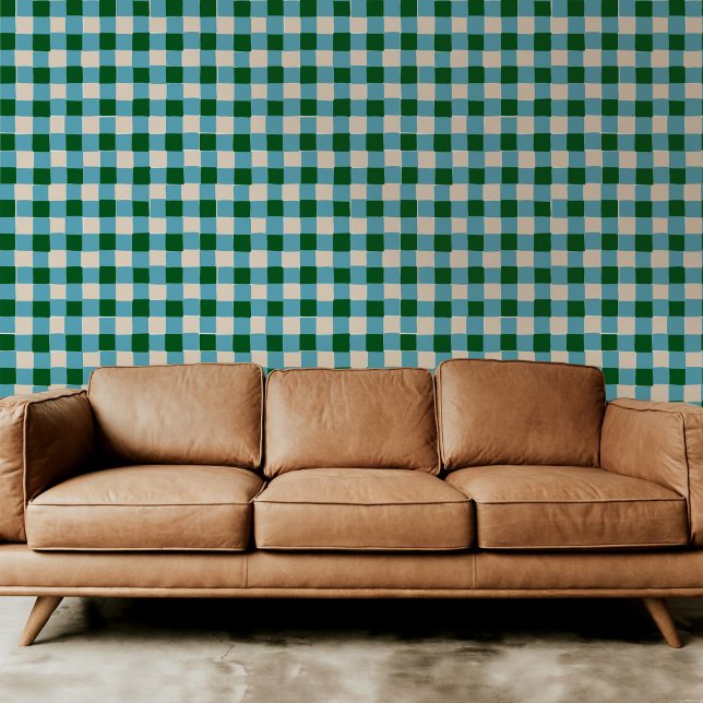 Bold Green and Blue Chequered Plaid Wallpaper (Boild green and blue hand-drawn checkered plaid peel and stick wallpaper.)