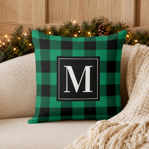 Bold Green Black Buffalo Plaid Monogram Christmas Throw Pillow