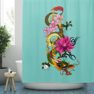 Bold Green Chinese Dragon Lotus Teal Tattoo