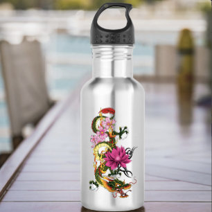 Bold Green Chinese Dragon Lotus Teal Tattoo 532 Ml Water Bottle