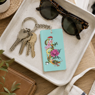 Bold Green Chinese Dragon Lotus Teal Tattoo Keychain