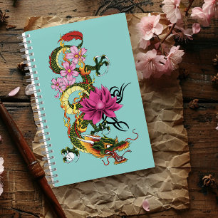 Bold Green Chinese Dragon Lotus Teal Tattoo Notebook
