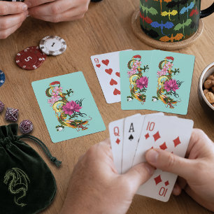 Bold Green Chinese Dragon Lotus Teal Tattoo Playing Cards