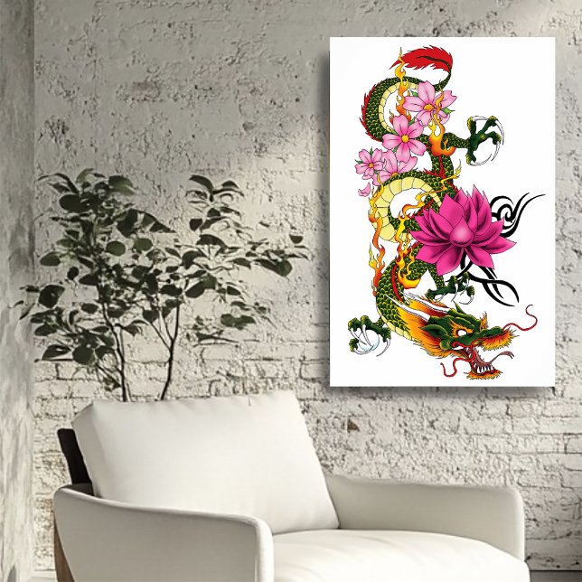 Bold Green Chinese Dragon Lotus Teal Tattoo Poster (Creator Uploaded)