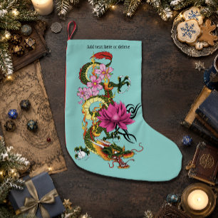 Bold Green Chinese Dragon Lotus Teal Tattoo Small Christmas Stocking