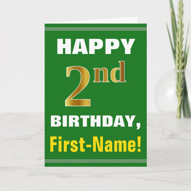 Bold, Green, Faux Gold 2nd Birthday w/ Name Card (Front)