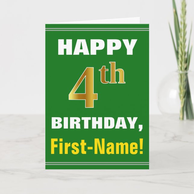 Bold, Green, Faux Gold 4th Birthday w/ Name Card (Front)